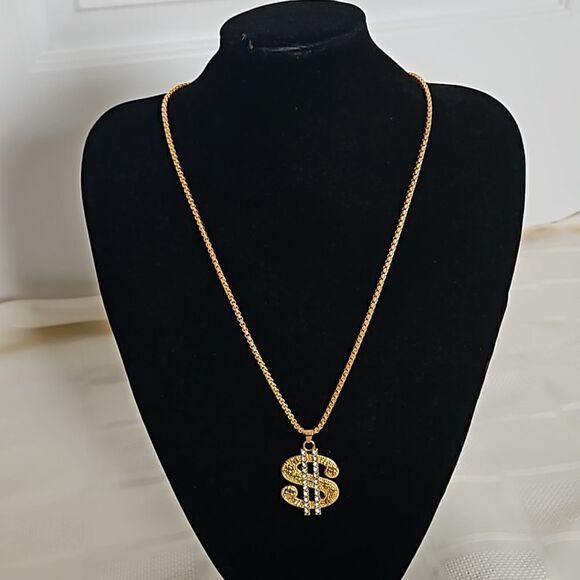 Men's Gold Plated Dollar Sign Pendant Chain 13" - Picture 16 of 16